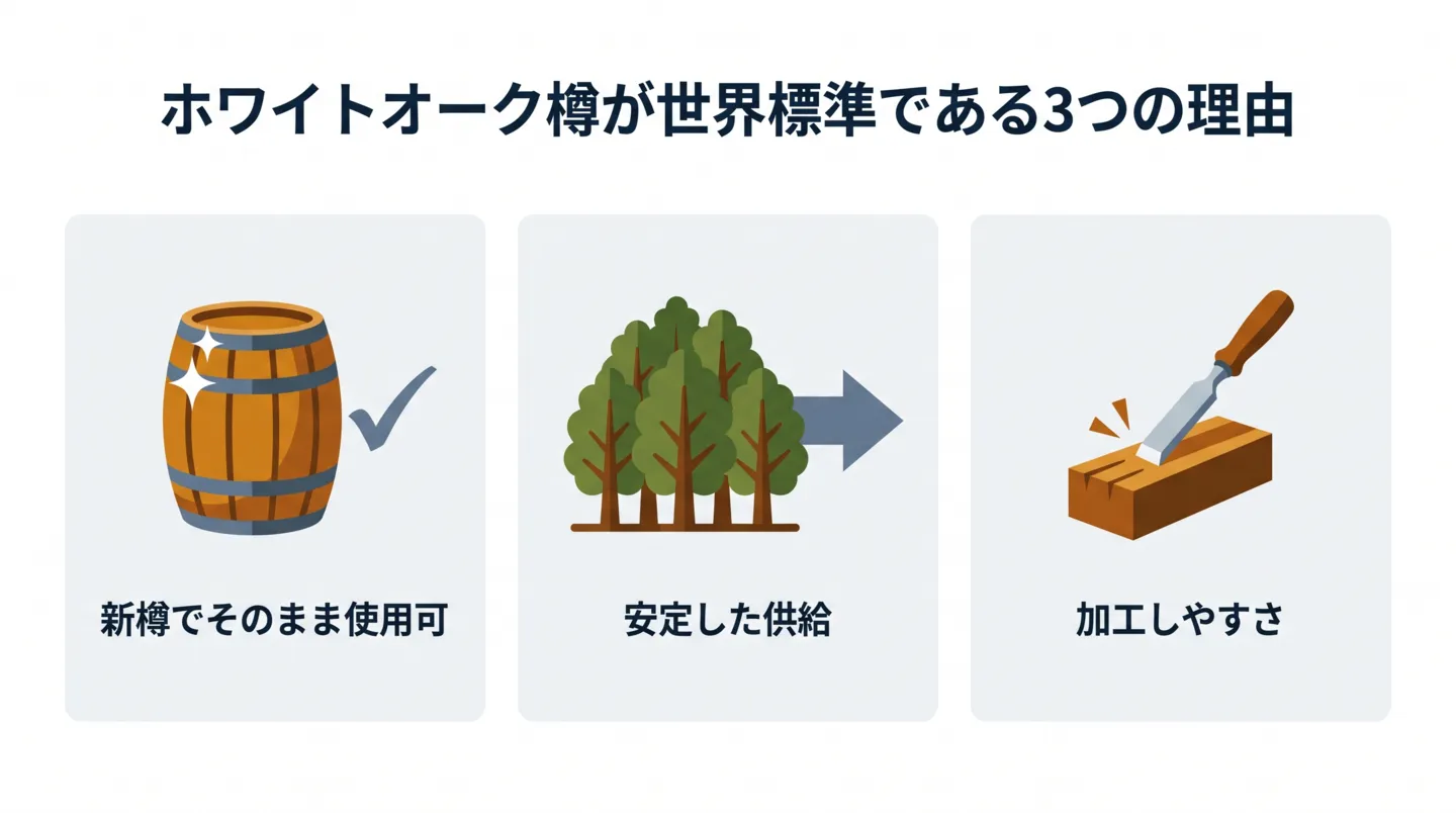 ホワイトオーク樽がウイスキー熟成の世界標準となっている3つの理由。1つ目は新樽の段階からウイスキー熟成に使いやすいこと（ヨーロピアンオークやミズナラはタンニンや木香が強く事前処理や使い込みが必要）。2つ目は北米東部の豊富な森林資源とアメリカ連邦規則によるバーボン新樽義務化で恒常需要があり供給が安定していること。3つ目は導管を塞ぐチロース構造で液漏れしにくく機械での効率的な製材ができ、適度な硬さと弾力で曲げ加工にも向くこと