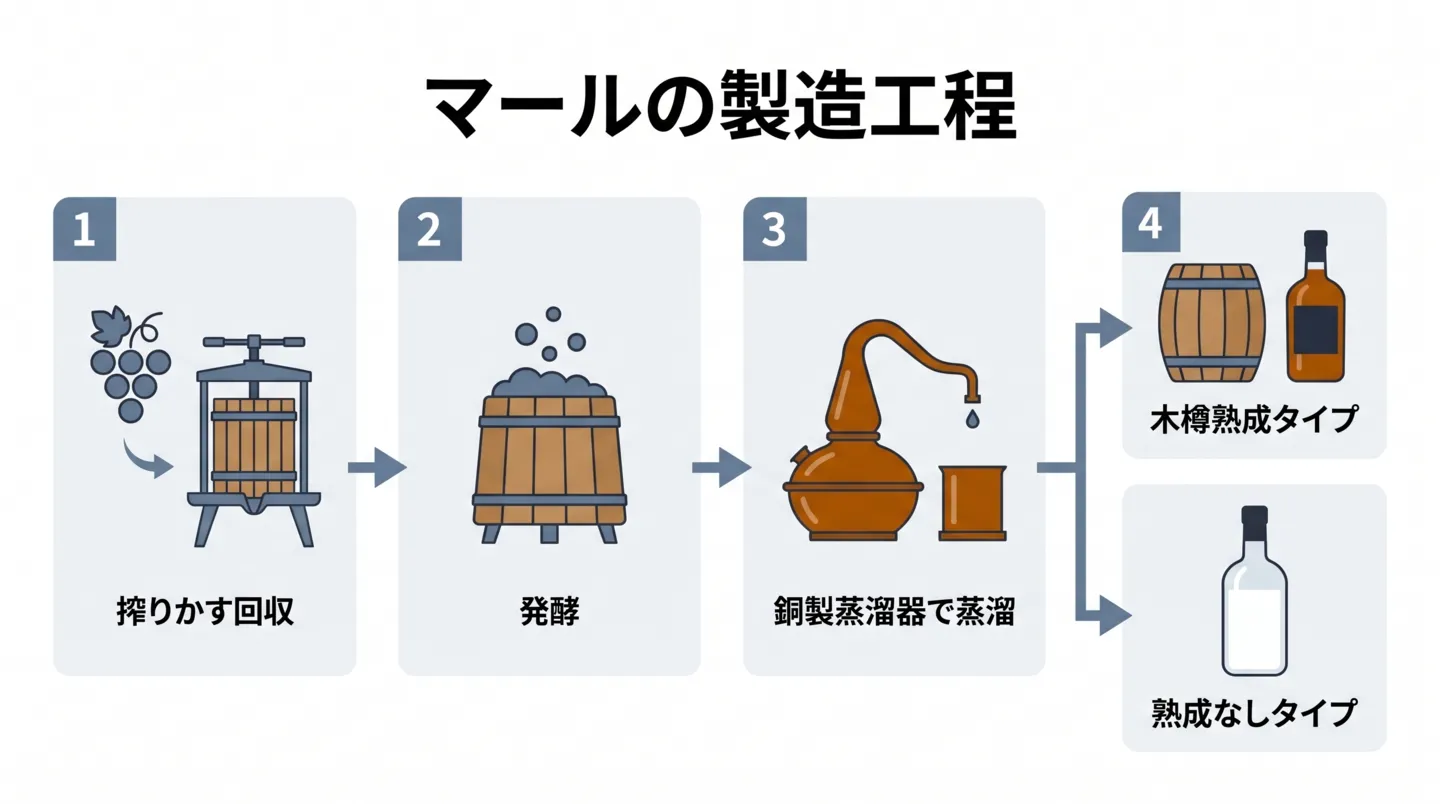 マールはぶどうを収穫・圧搾して皮・種・果梗の搾りかすを回収し、その搾りかすの発酵を完了させた上で、銅製蒸溜器で蒸溜し、最後は木樽で熟成して瓶詰めするタイプと熟成なしでそのまま瓶詰めするタイプに分岐して仕上げられる
