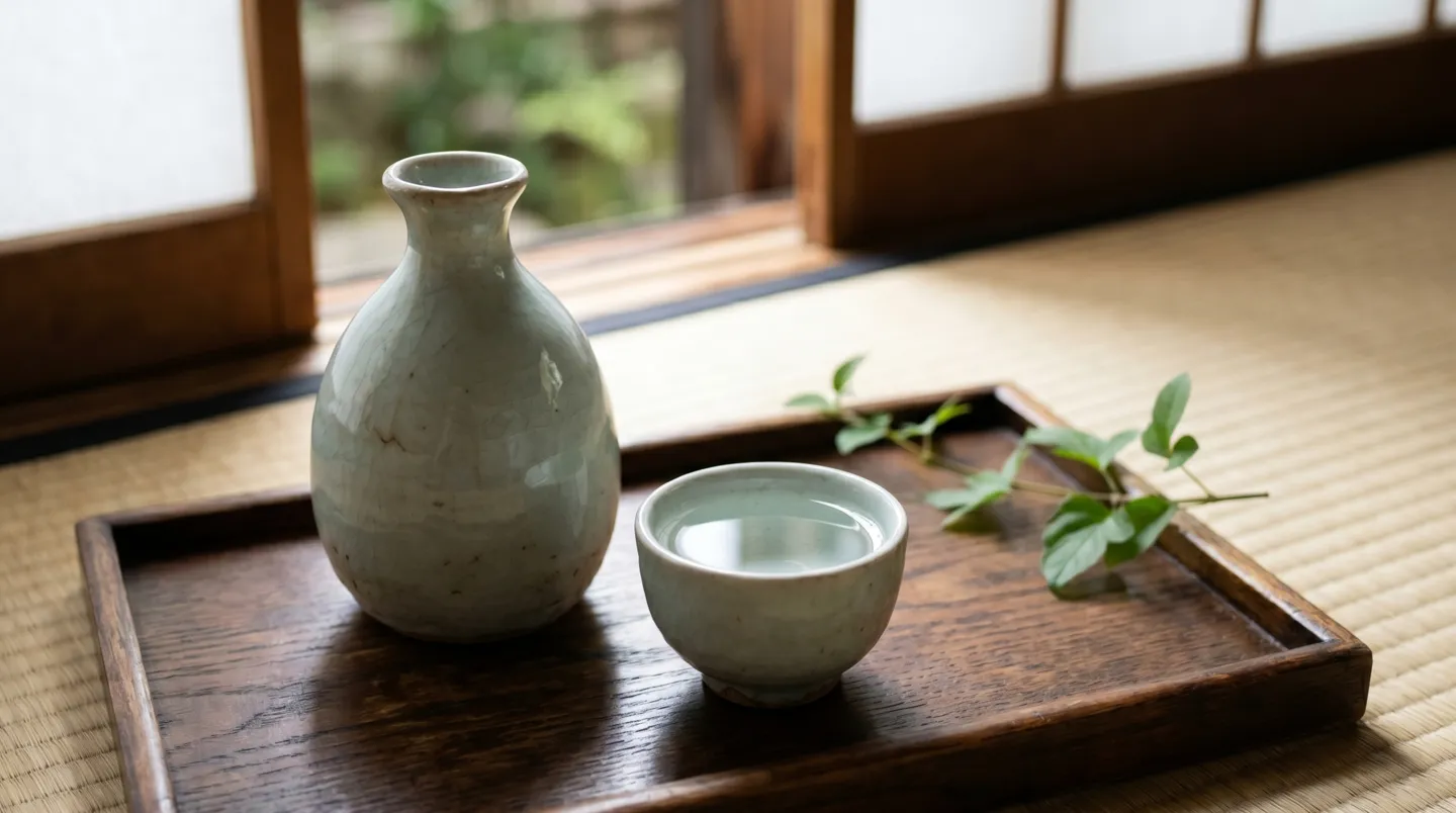 木のトレーに置かれた陶器の徳利と純米酒が注がれた猪口に柔らかな自然光が差し込む情景