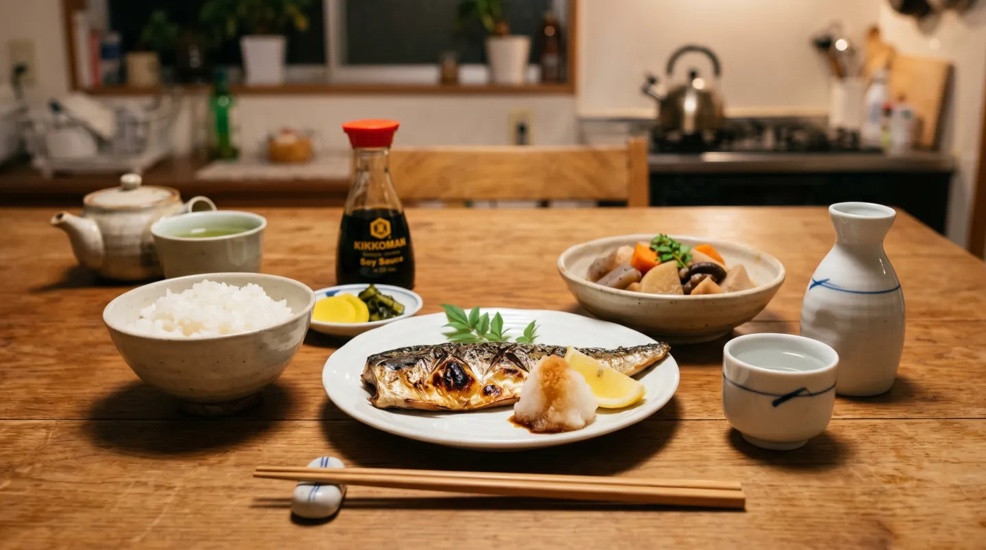 焼き魚と煮物が並ぶ和食のテーブルに純米酒の猪口が寄り添う夕食の情景