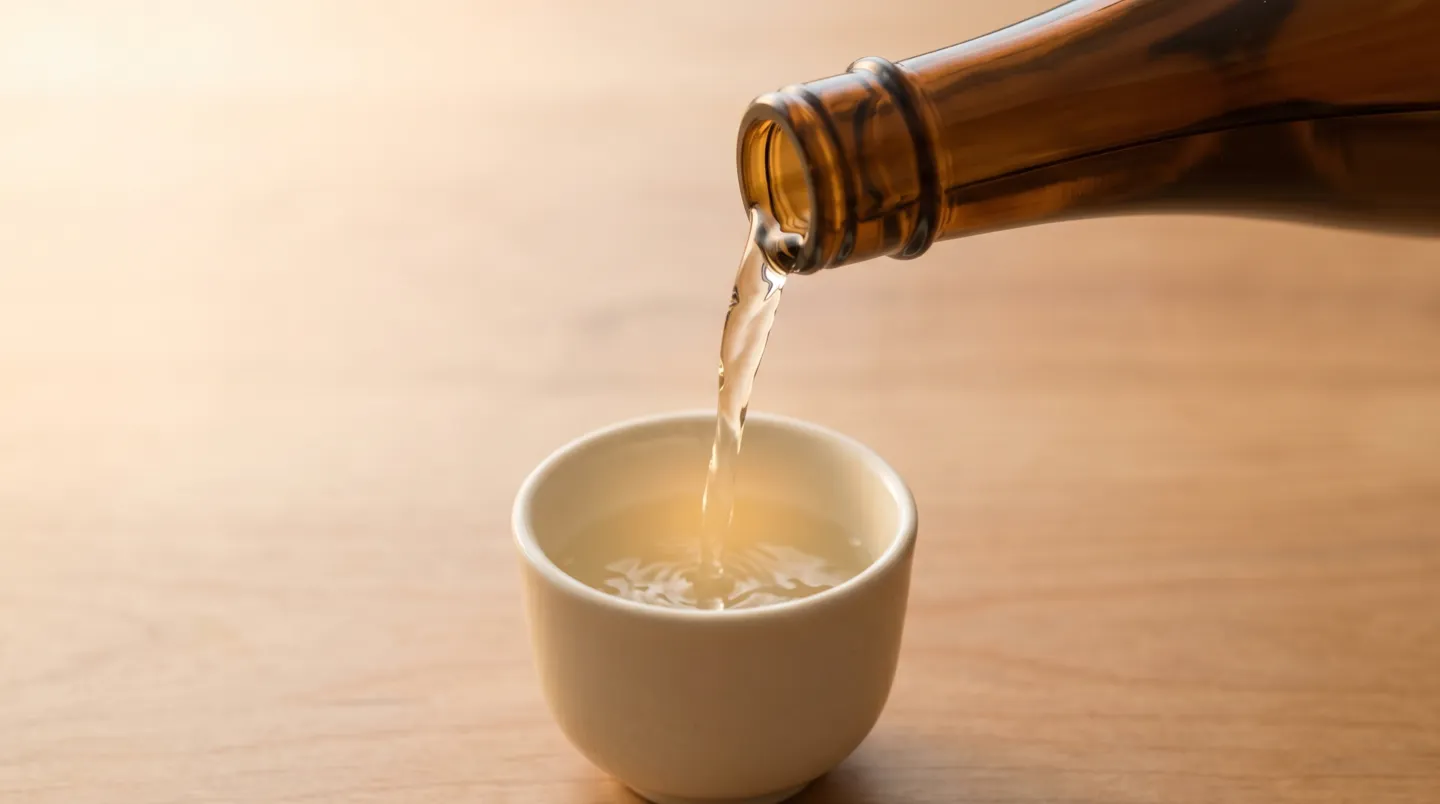 一升瓶からおちょこに注がれる透明な日本酒の動きと夕方の柔らかな光