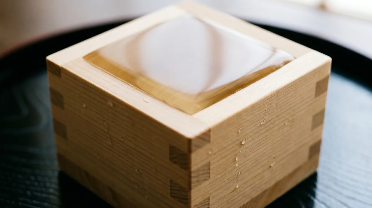 白木の枡になみなみと注がれた淡い金色の冷酒と檜の木目の質感