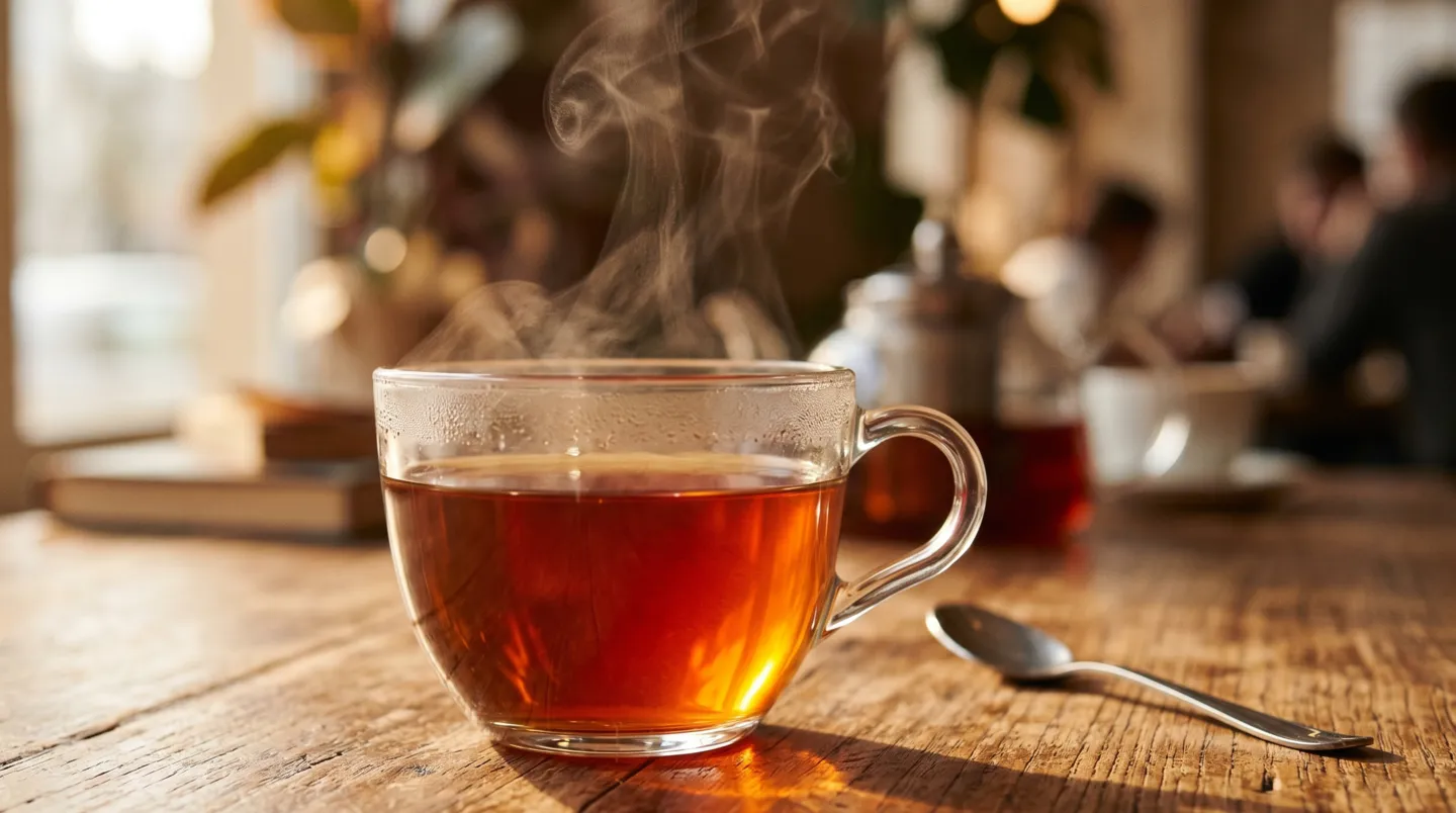 木のテーブルに置かれたガラスカップの赤みあるアンバー色の紅茶から立ち上る湯気