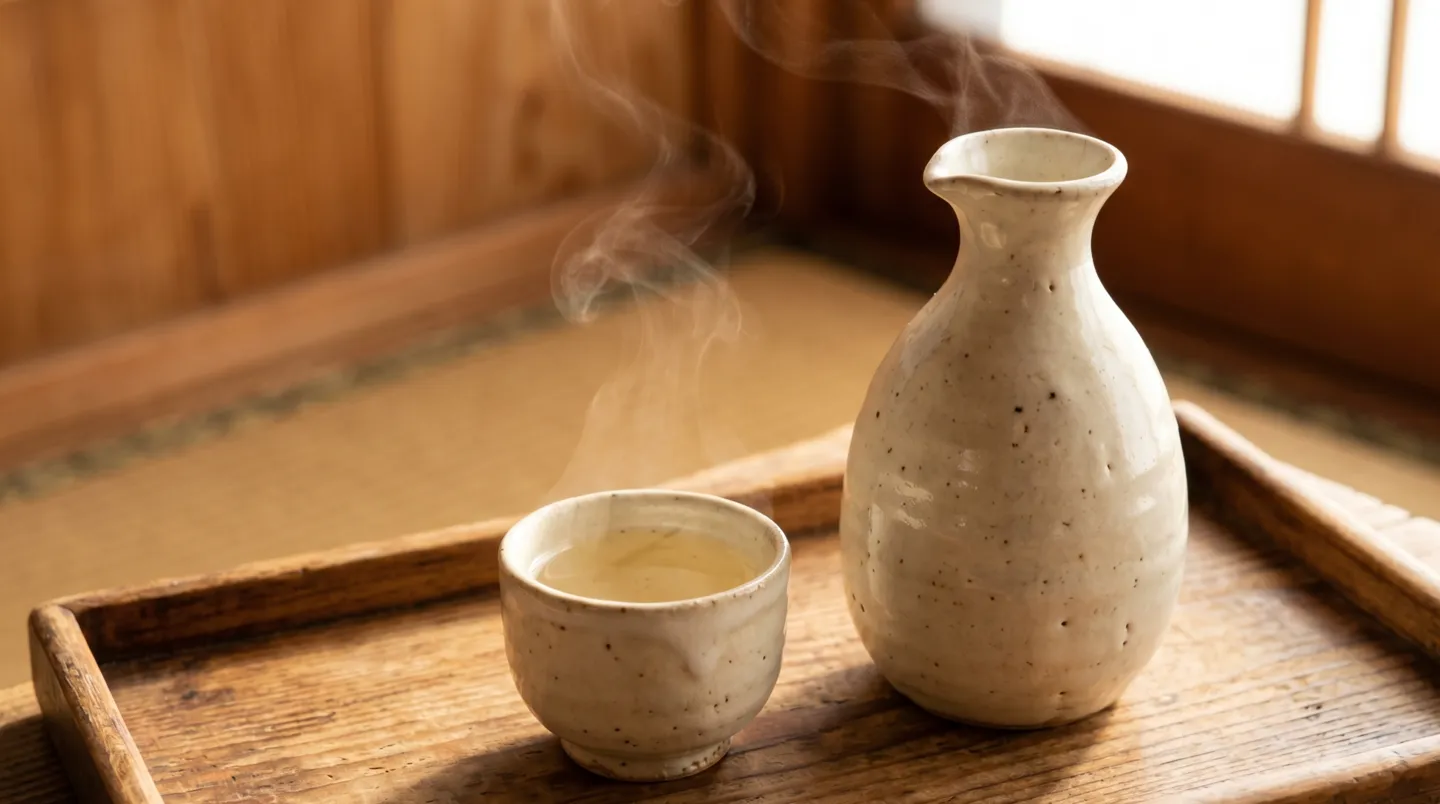 木のトレイに置かれた陶器の徳利とお猪口の熱燗から立ちのぼる湯気