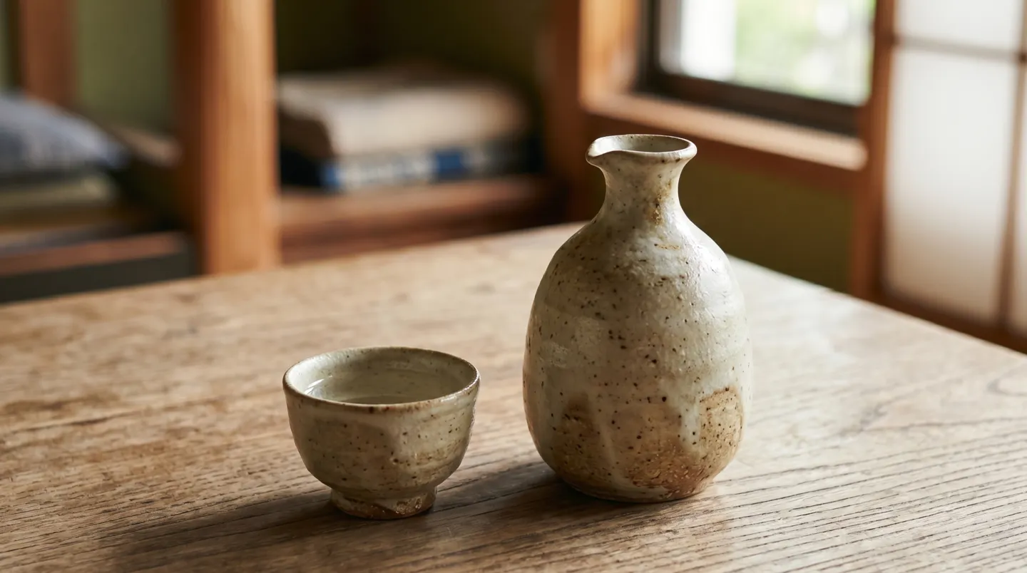 木のテーブルに置かれた陶器の徳利とぐい呑みに静かに注がれた常温の日本酒