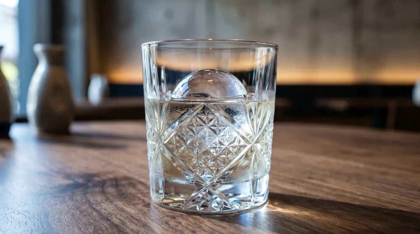 木のテーブルに置かれた江戸切子のグラスの大きな丸氷に注がれた澄んだ日本酒のロック
