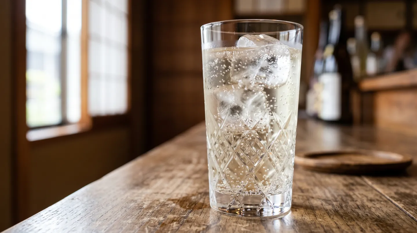 木のテーブルに置かれた江戸切子のタンブラーの日本酒ソーダ割りから立ち上る細かい気泡と氷