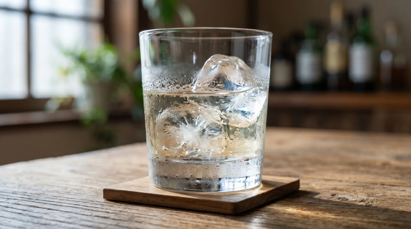 木のテーブルに置かれた氷を入れたグラスに注がれた澄んだ日本酒の涼やかな情景