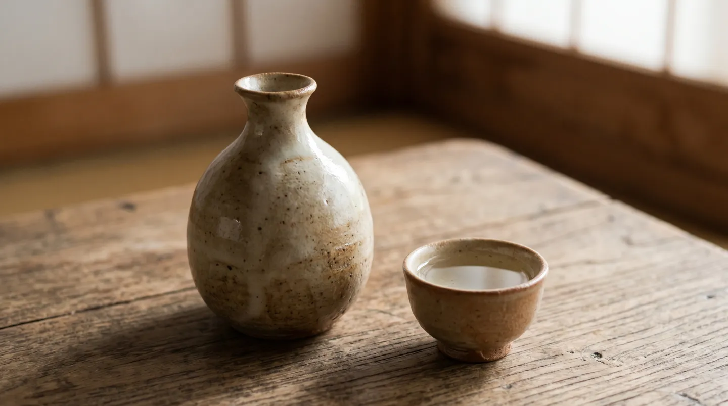 木のテーブルに置かれた陶器の徳利とお猪口に注がれた日本酒の落ち着いた情景