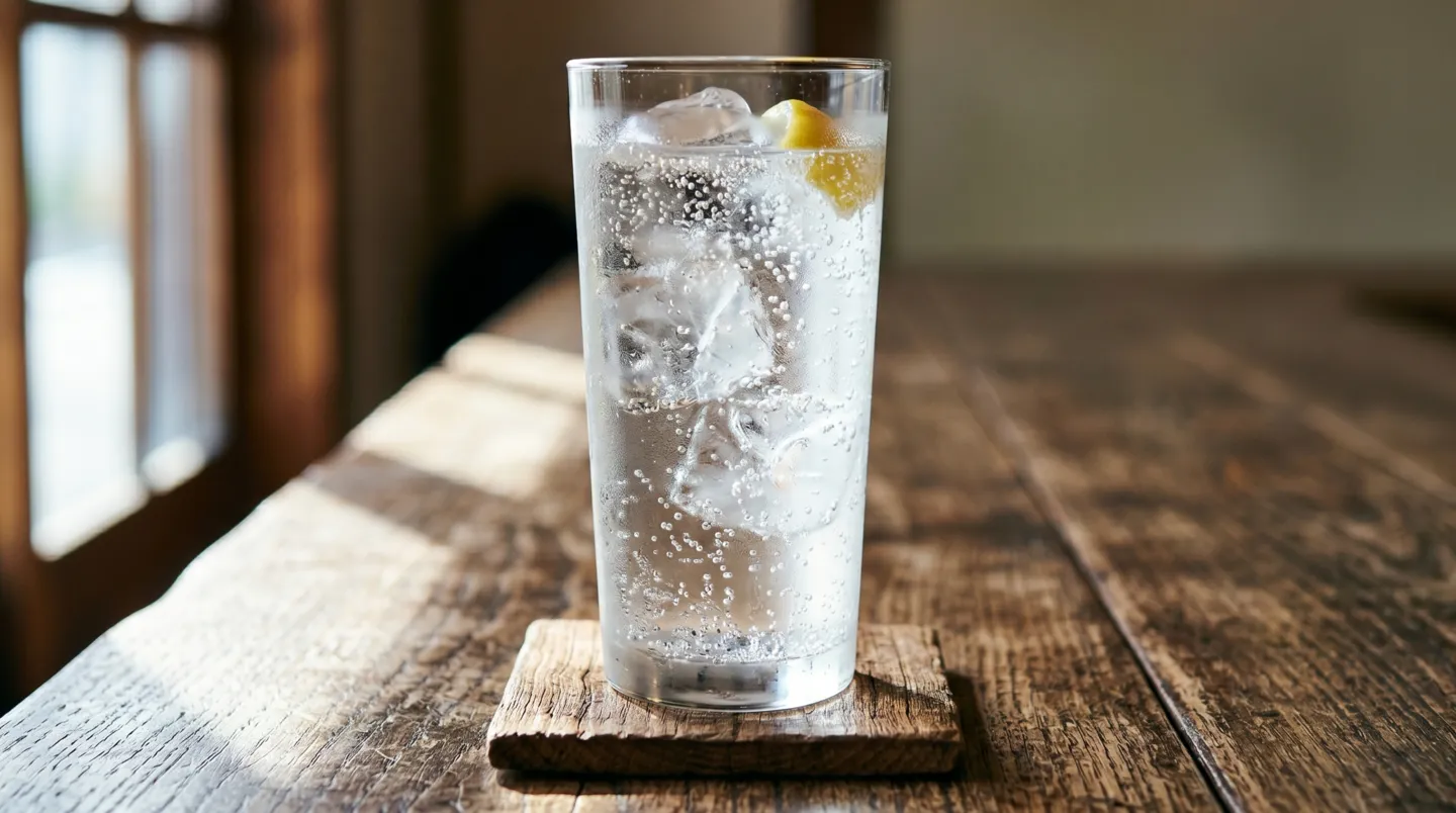木のテーブルに置かれた薄張りタンブラーの焼酎ハイボールから立ち上る細かい気泡と氷
