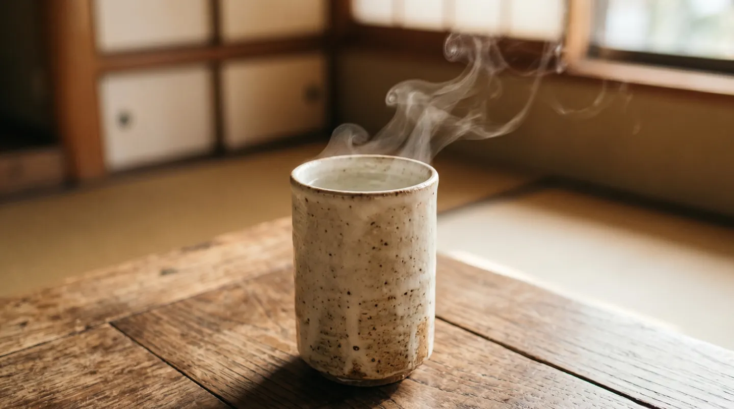 木のテーブルに置かれた陶器の湯呑みの焼酎のお湯割りから立ちのぼる湯気