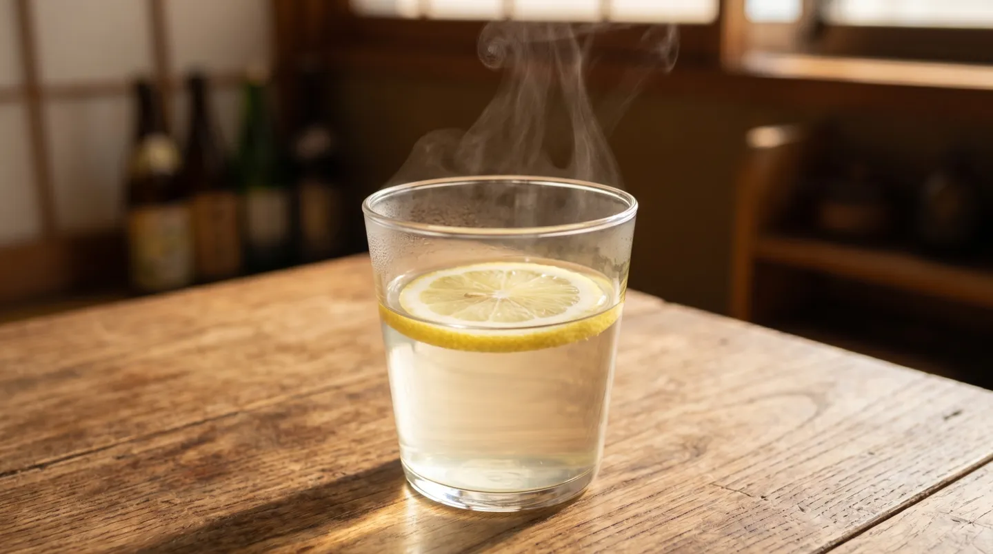 木のテーブルに置かれた耐熱グラスのレモンを浮かべた焼酎のお湯割りから立ちのぼる湯気