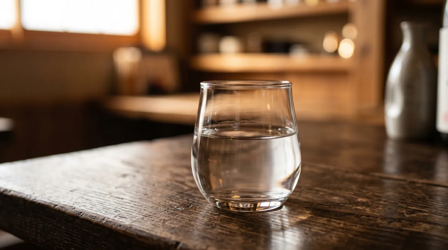 木のテーブルに置かれた小ぶりなグラスに注がれた澄んだ焼酎のストレート