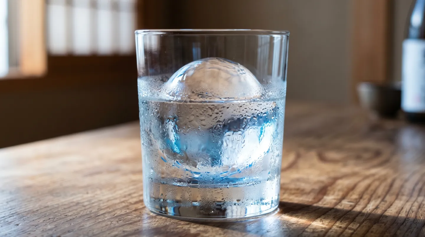 木のテーブルに置かれたロックグラスの大きな丸氷に注がれた澄んだ焼酎のロック