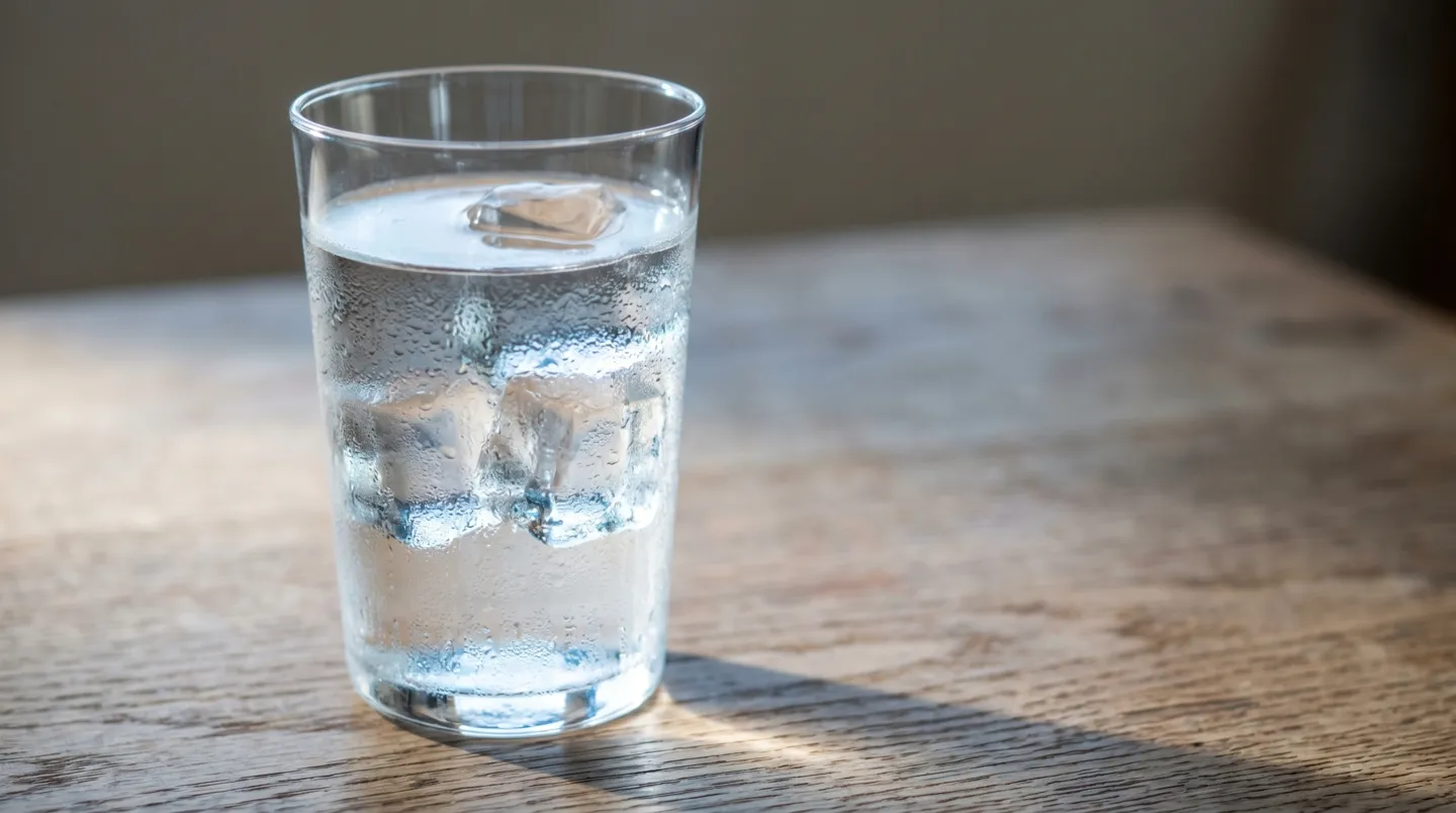木のテーブルに置かれたタンブラーグラスの焼酎の水割りと澄んだ氷