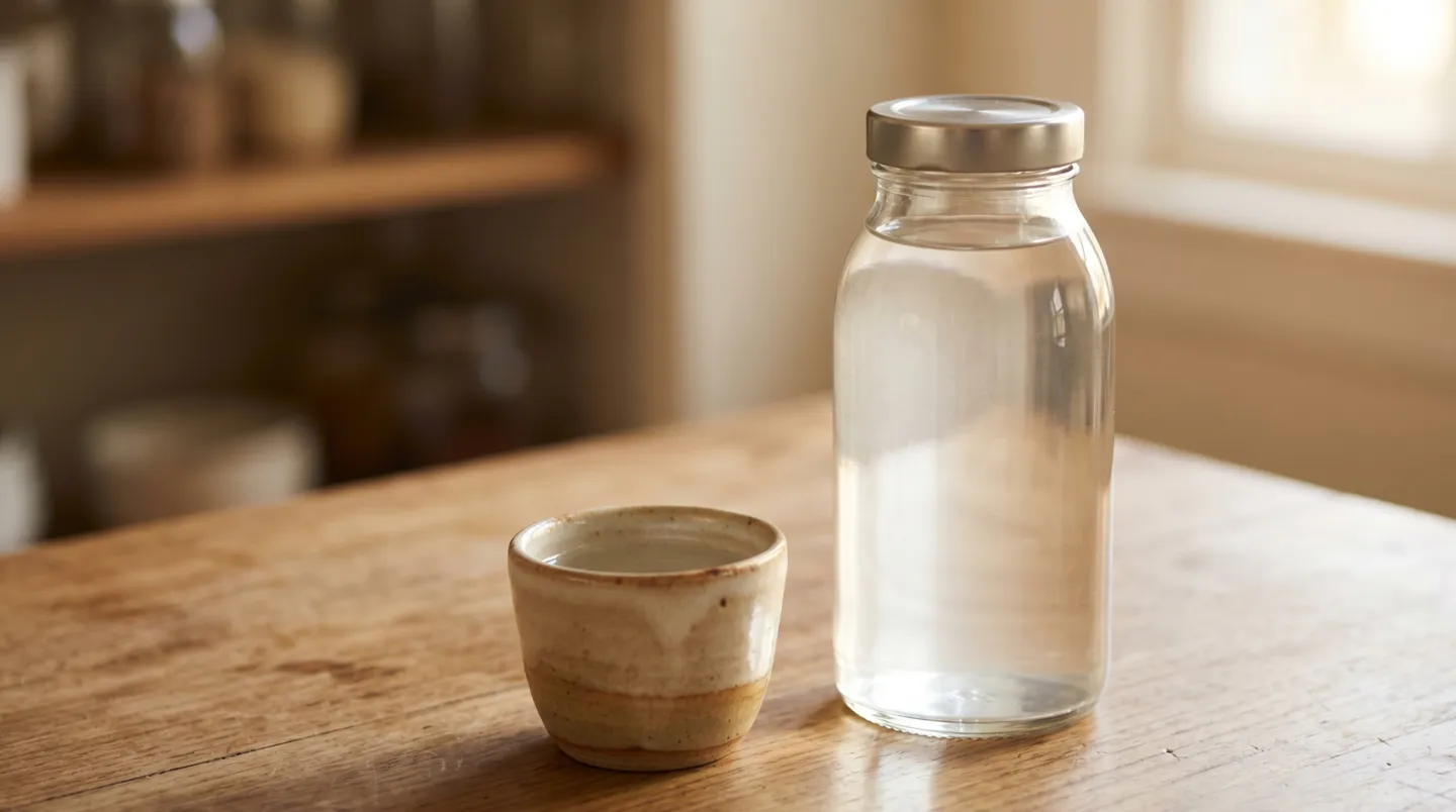 木のテーブルに置かれたガラス瓶の前割り焼酎と陶器の器
