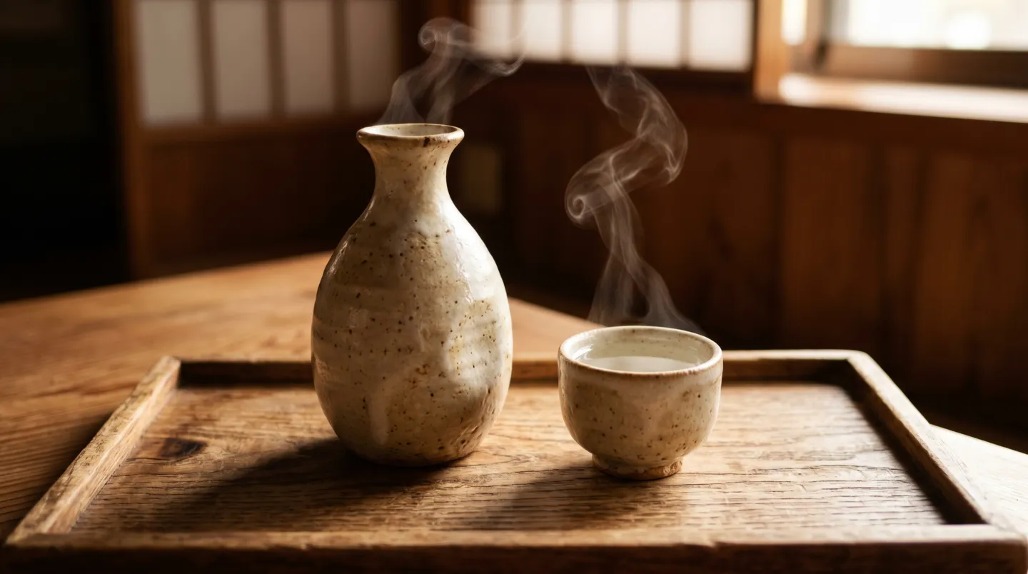 木のトレイに置かれた陶器の徳利とお猪口の温かい焼酎から立ちのぼる湯気