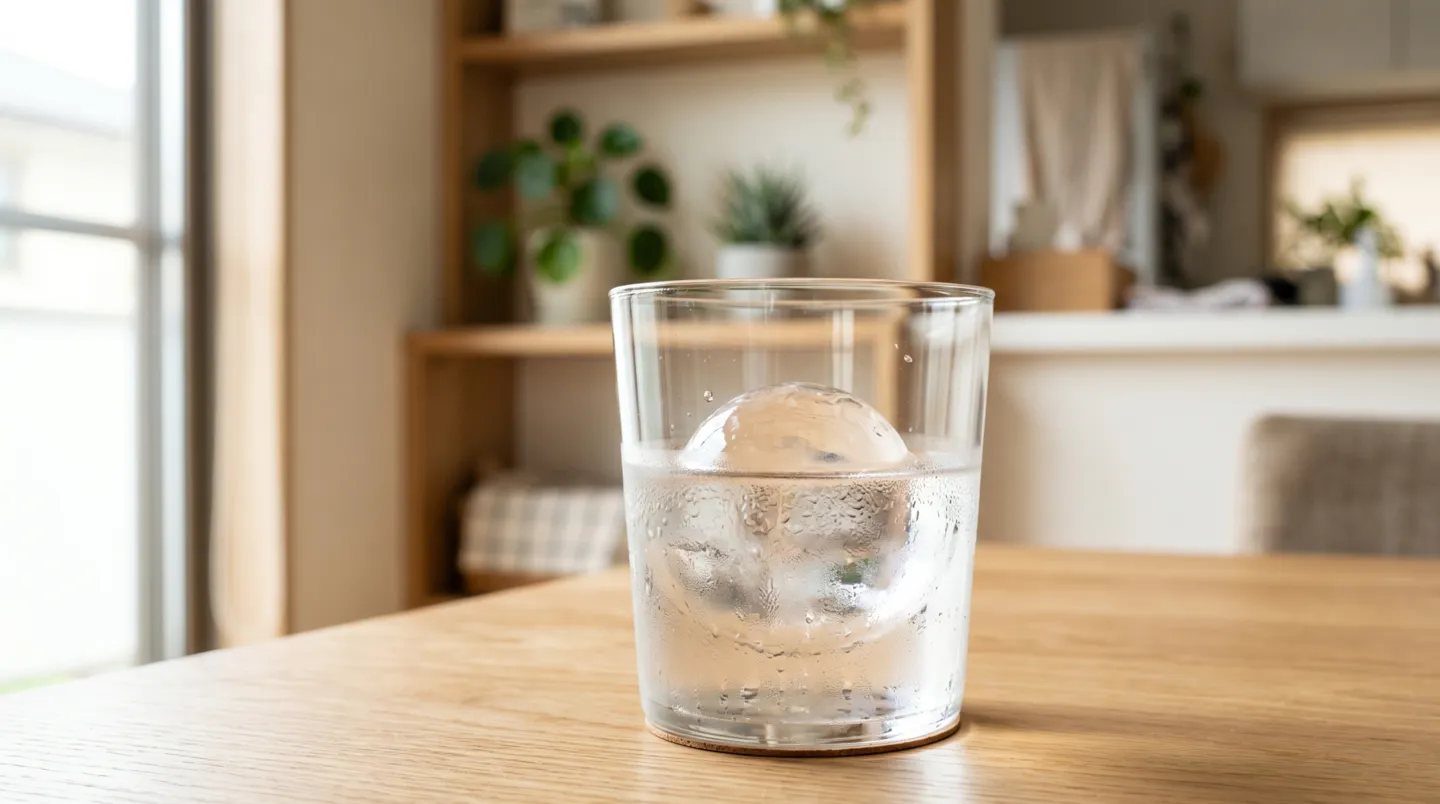 明るい家のダイニングテーブルに置かれたグラスの氷に注がれた澄んだ焼酎のロック