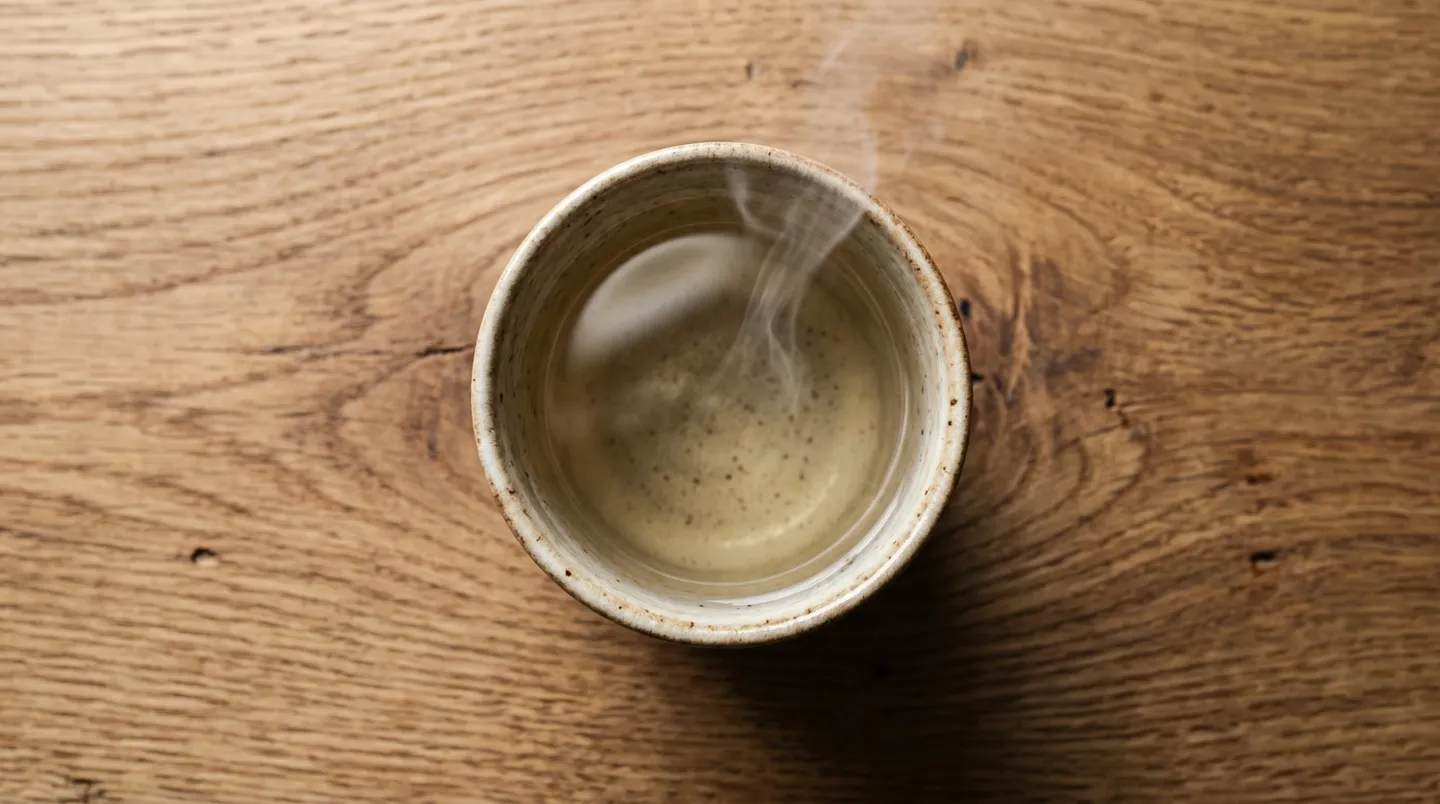 木のテーブルに置かれた陶器の筒形カップから湯気が立ち上る焼酎のお湯割り
